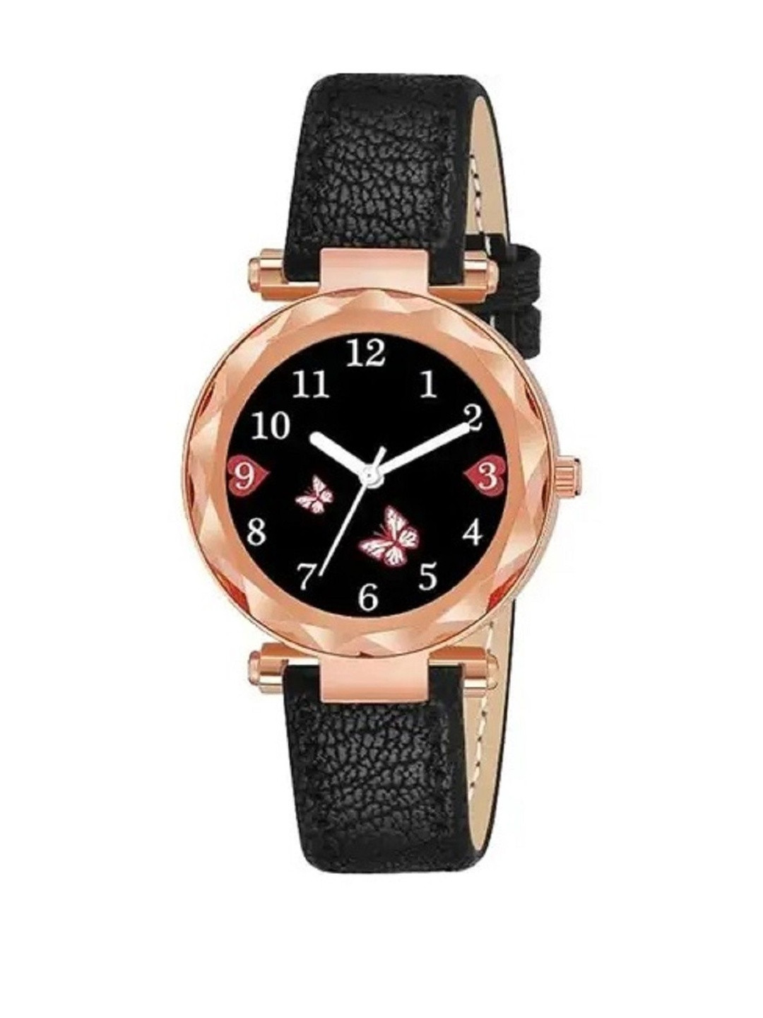 LAKSH Women Black Butterfly Design Leather Strap Analogue Watch