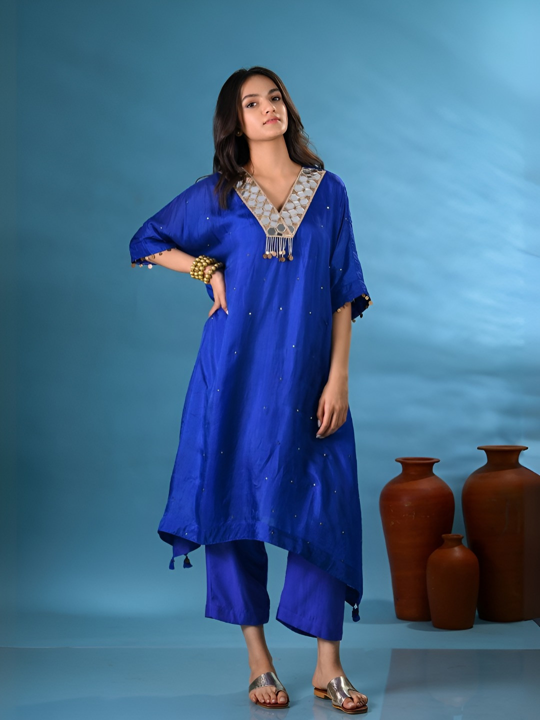 SHOP GULMOHAR Women Regular Mirror Work Pure Silk Kurta with Trousers