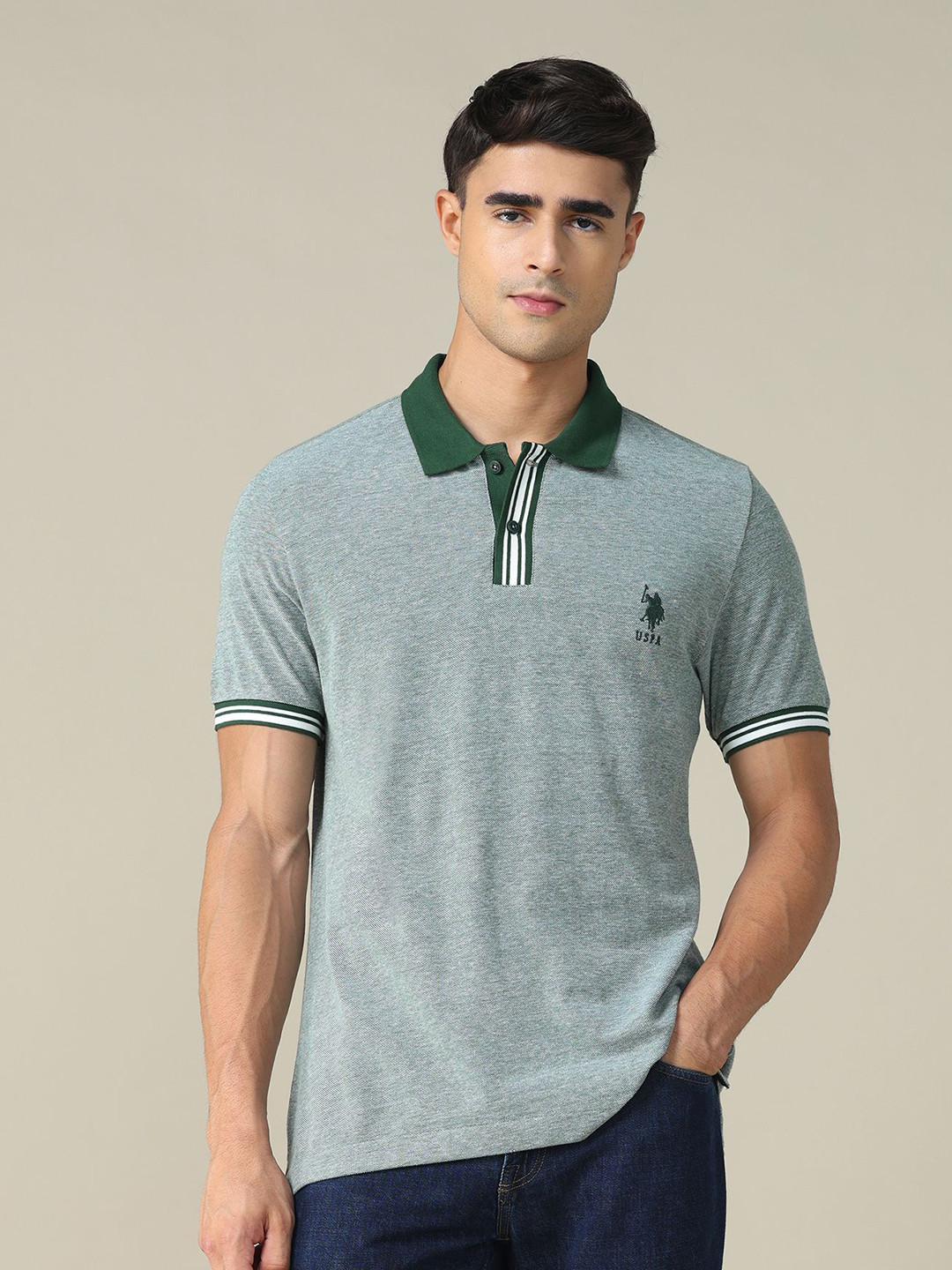 U.S. Polo Assn. Men Brand Logo Self Design Polo Collar Cotton T-shirt