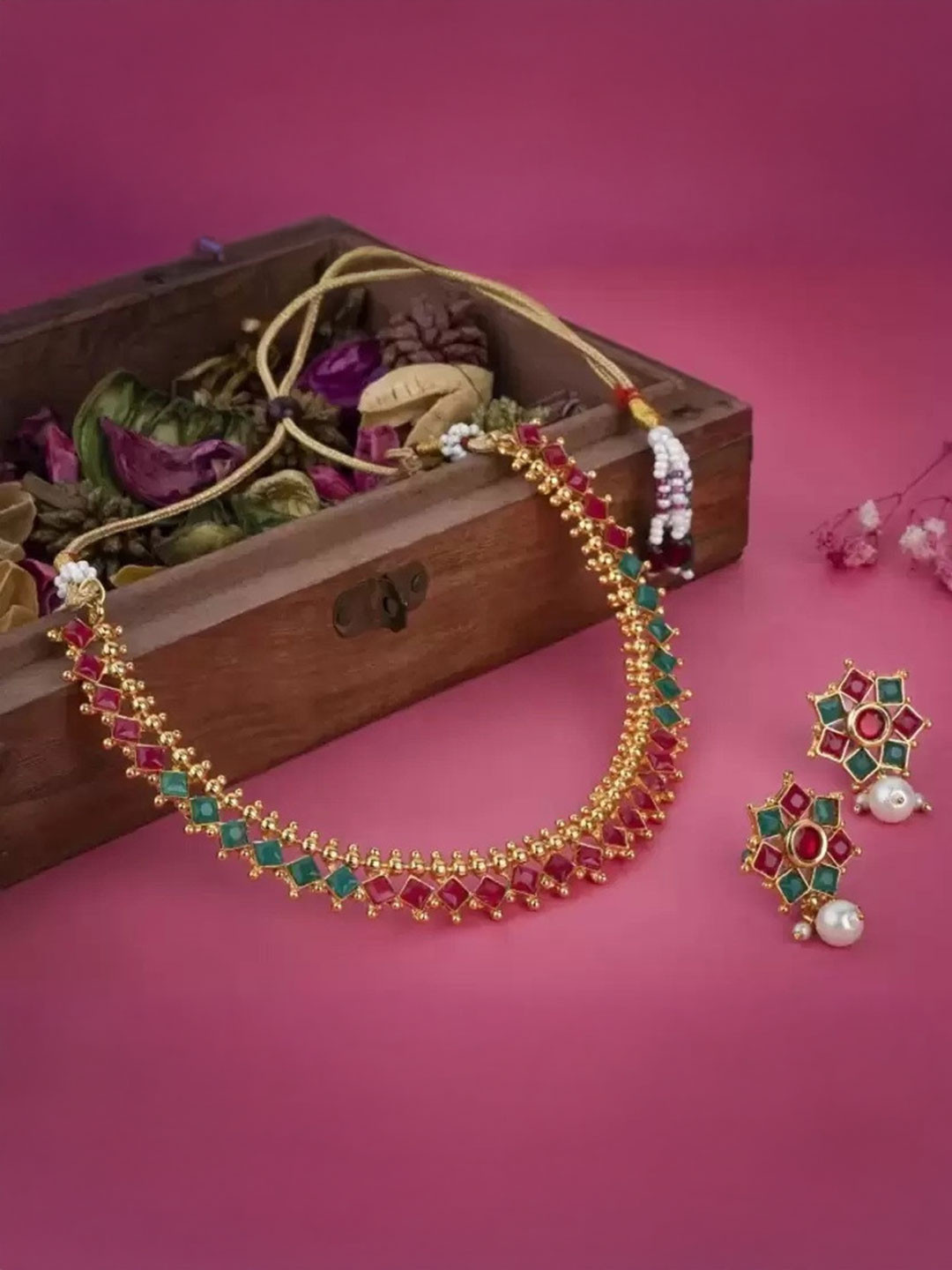 SHREE PURBJI ARTS Women Gold Plated Red & Green Alloy Traditional Jewellery Set