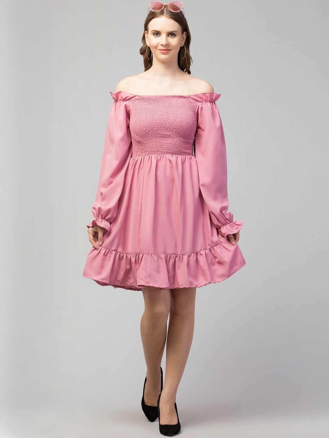 valardoh Women Smocked Puff Sleeve Fit and Flare Dress