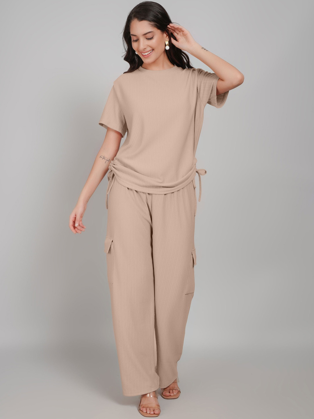 Lugo Women Brown Solid Cotton Blend Cargo Co-ords Set