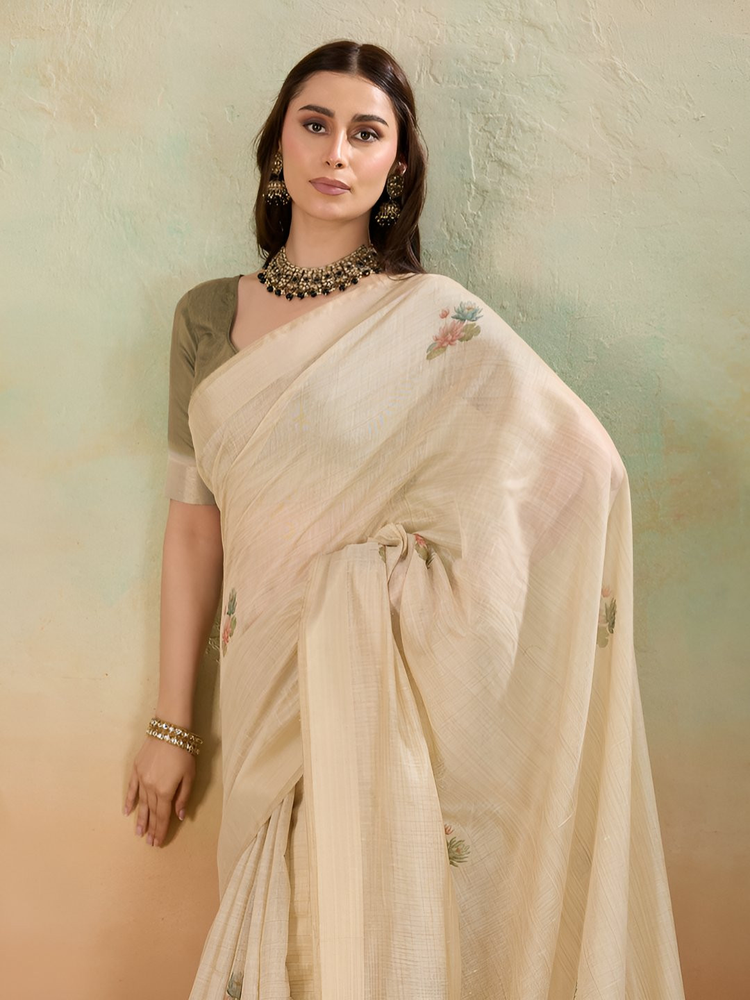 BFM Floral Printed Jamdani Saree With Blouse Piece
