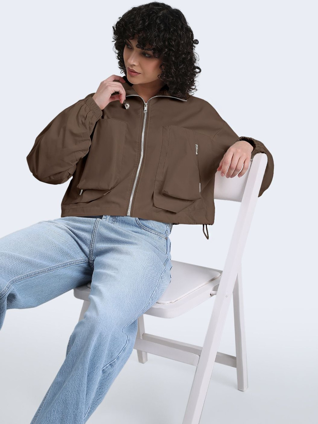 SHOWOFF Women Stand Collar Oversized Pocket Windcheater Bomber Jacket