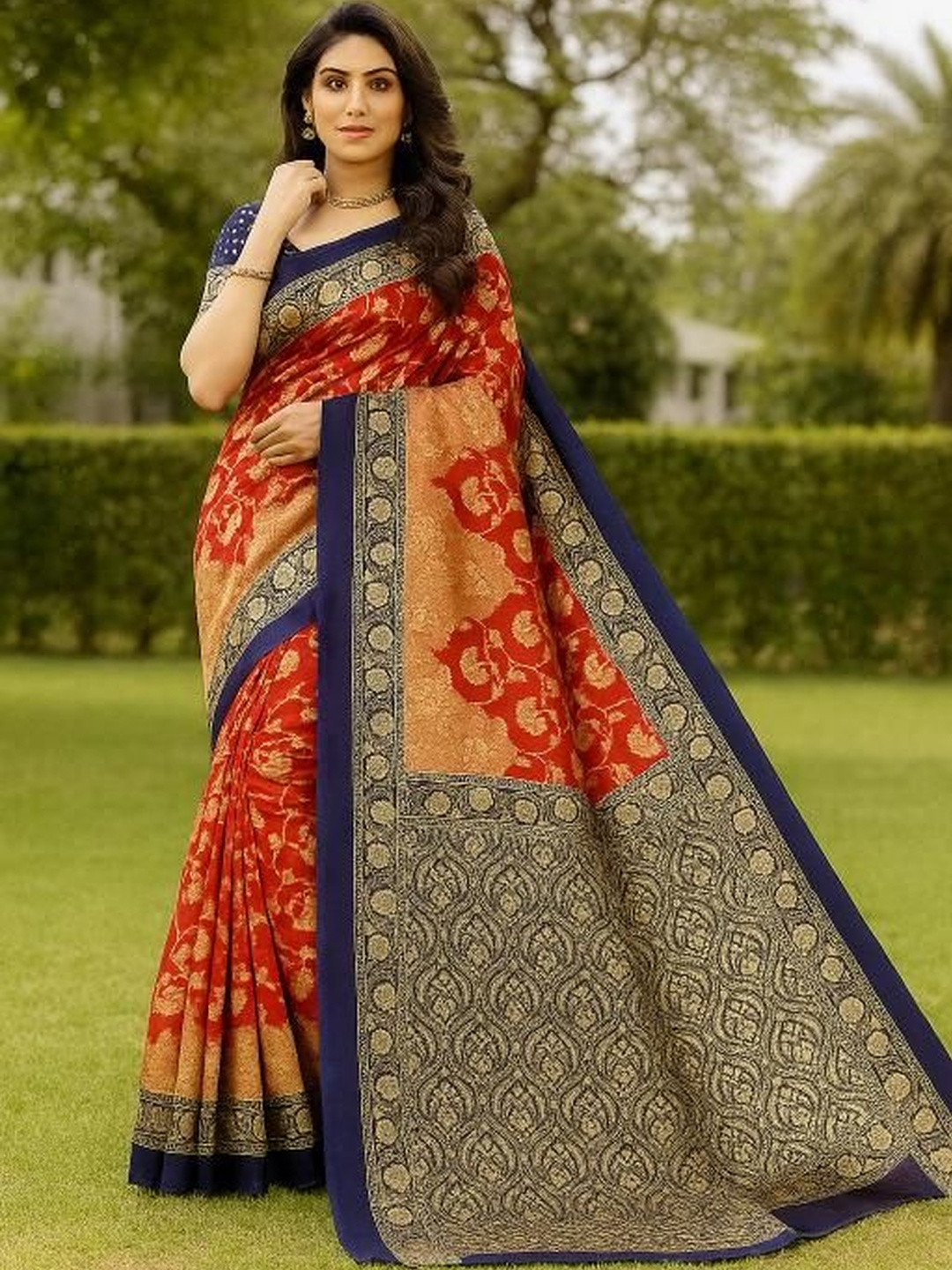 Moda Rapido Women Blue & Red Printed Border Silk Saree