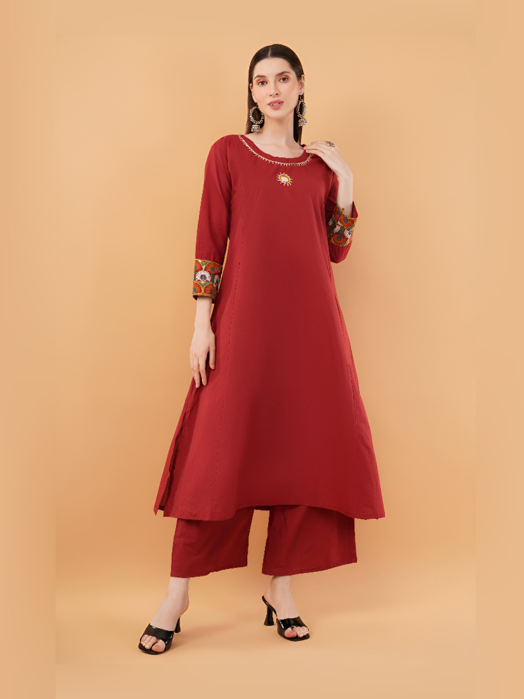 Purpple Infinity Women Ethnic Motifs Embroidered A-Line Pure Cotton Kurta with Palazzos