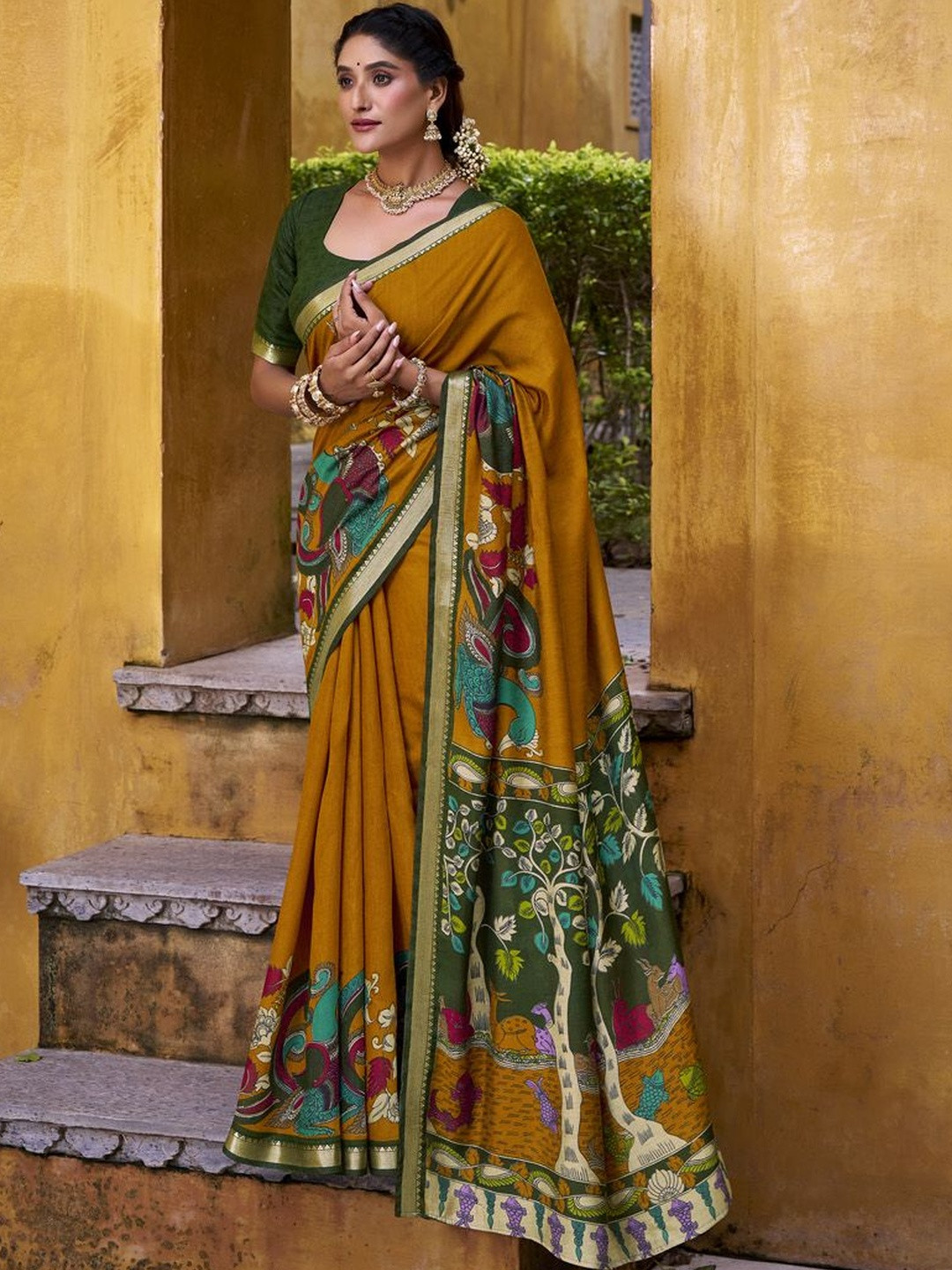 LOOKNBOOK ART Women Mustard Rich Zari Weaving Kalamkari Chanderi Saree
