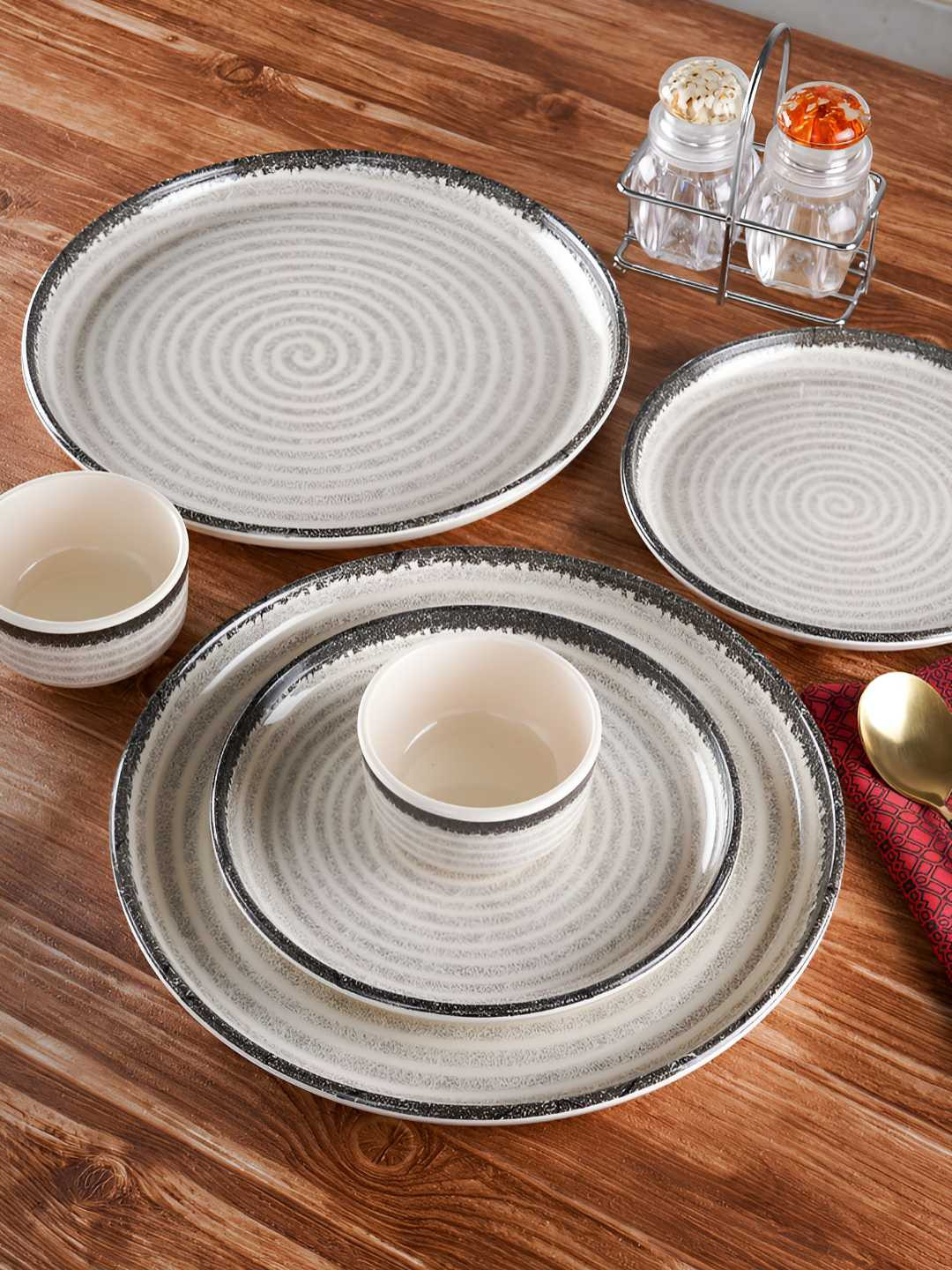 Aura White & Black 18 Pieces Textured Melamine Dishwasher and Microwave Safe Dinner Set