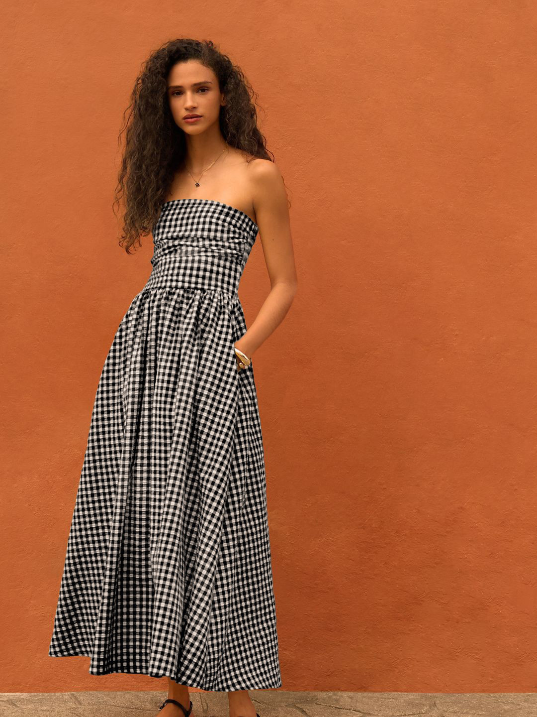 NEXT Checked Seersucker Bandeau Midi Dress
