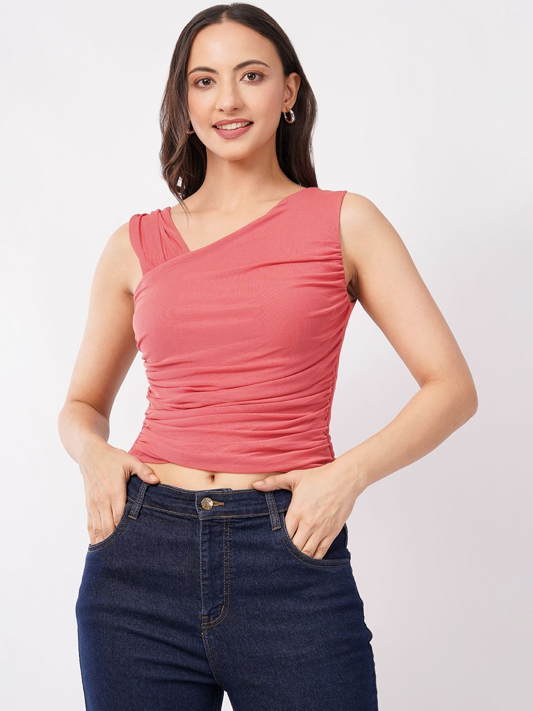 Deshi Girl Women Asymmetric Neck Ruched Pleated Detail Crop Fitted Top