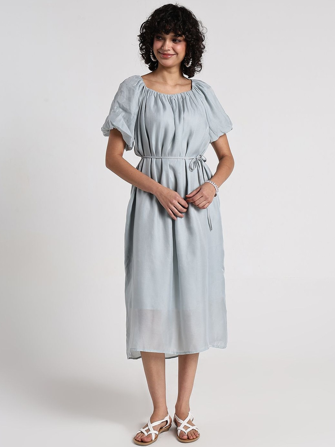 SHOWOFF Women Grey Puff Sleeve Chiffon Fit & Flare Midi Dress
