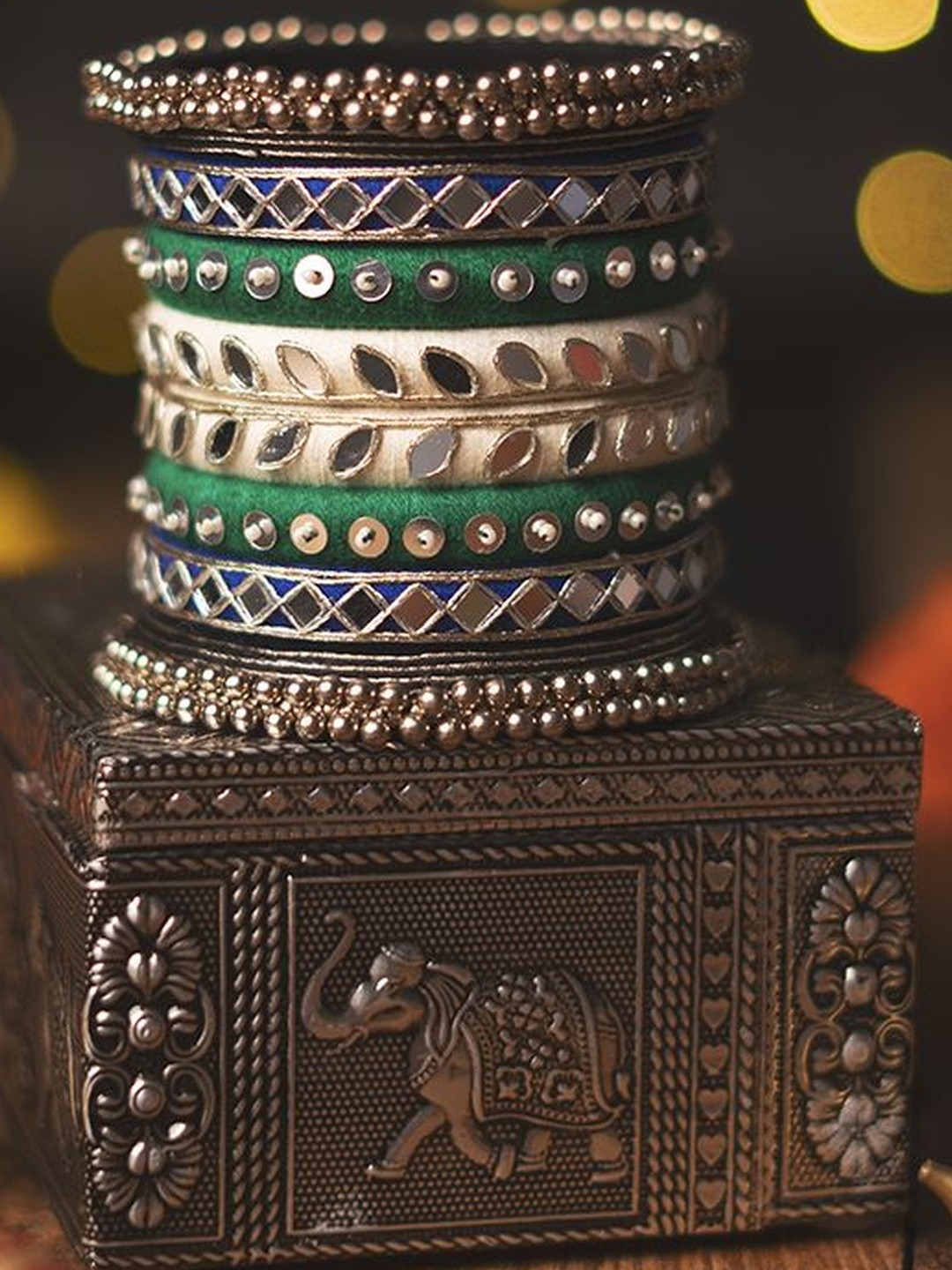 Taasha Craft Set Of 8 Mirror Work & Ghungroo Beaded Thread Bangles