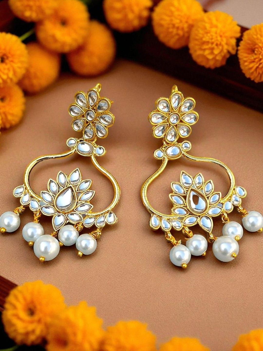 Fashioncrab Gold-Plated Artificial Stones Kundan Drop Earrings