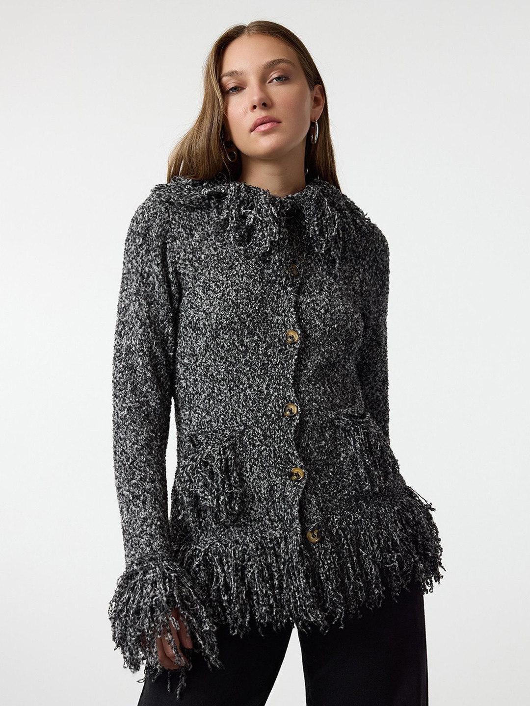 Trendyol Women Self Design Fringed Long Sleeves Cardigan