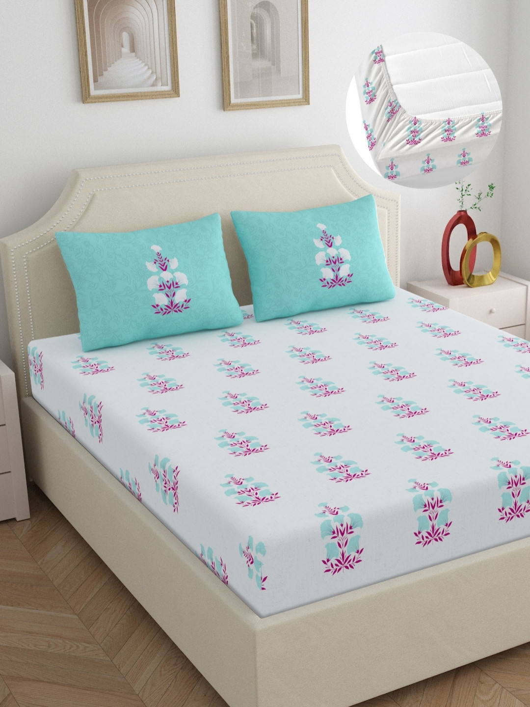 Home Ecstasy Teal & White Floral 140 TC Pure Cotton King Bedsheet Set 1.83 m x 1.98 m