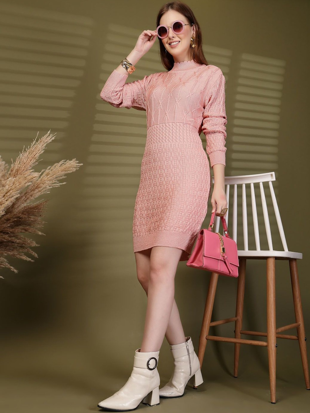 Clora Creation Women's Solid Self Design Knitted Full Sleeve Woollen Bodycon Dress