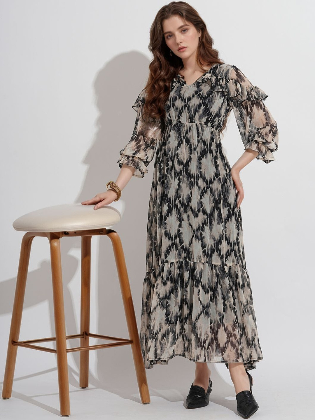 DressBerry  Women Black Georgette Tie-Dye Printed Maxi Dress With Ruffles Detail