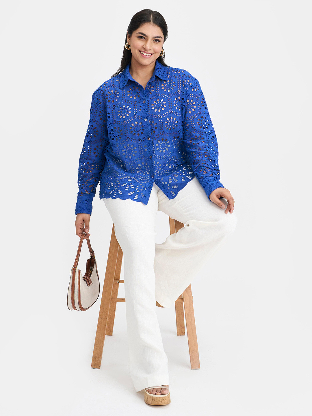 Virgio Plus Size Women Textured Spread Collar Pure Cotton Casual Shirt