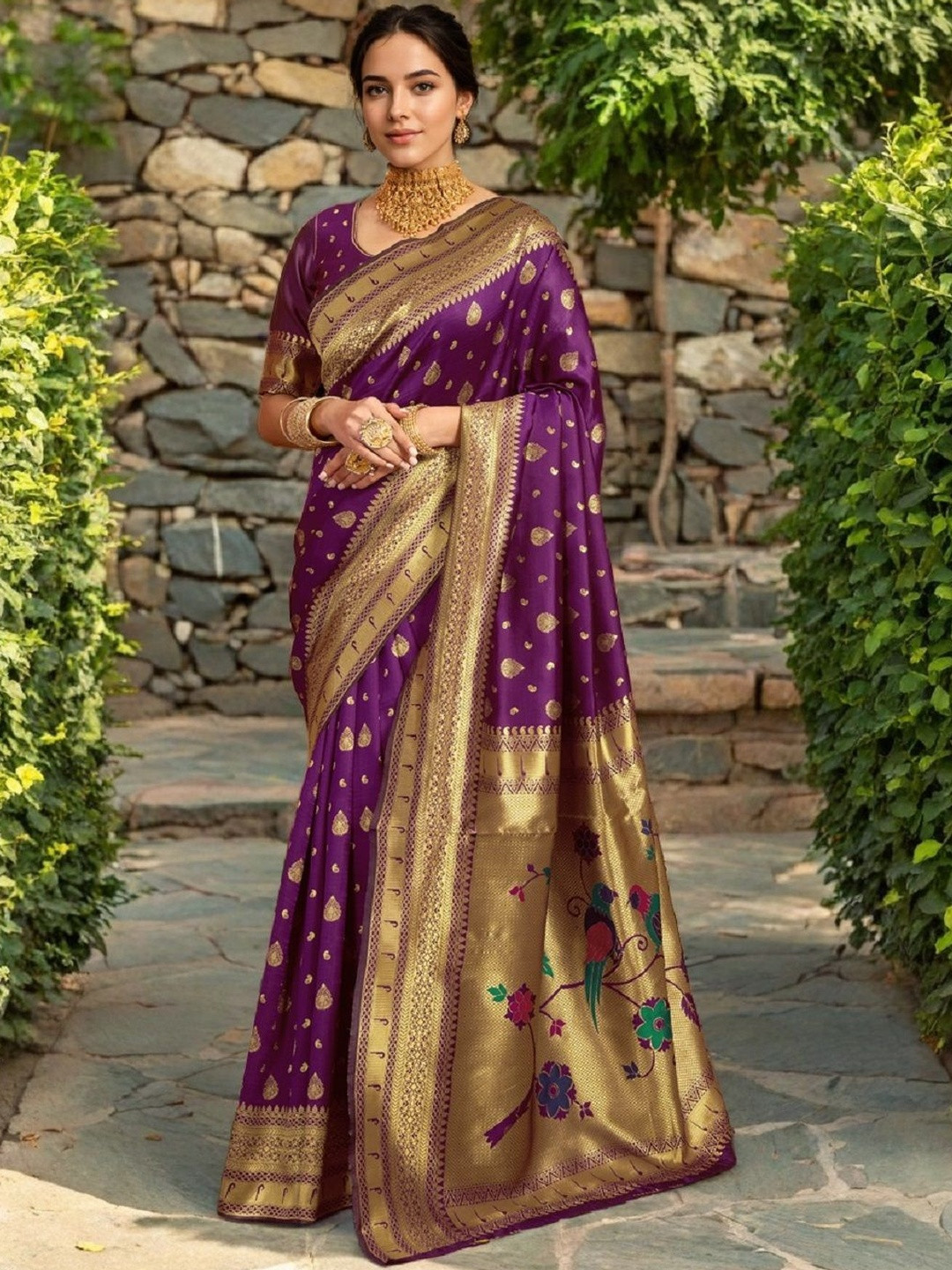 Suha Women Purple & Gold With Zari Boarder Floral Art Silk Traditional Saree