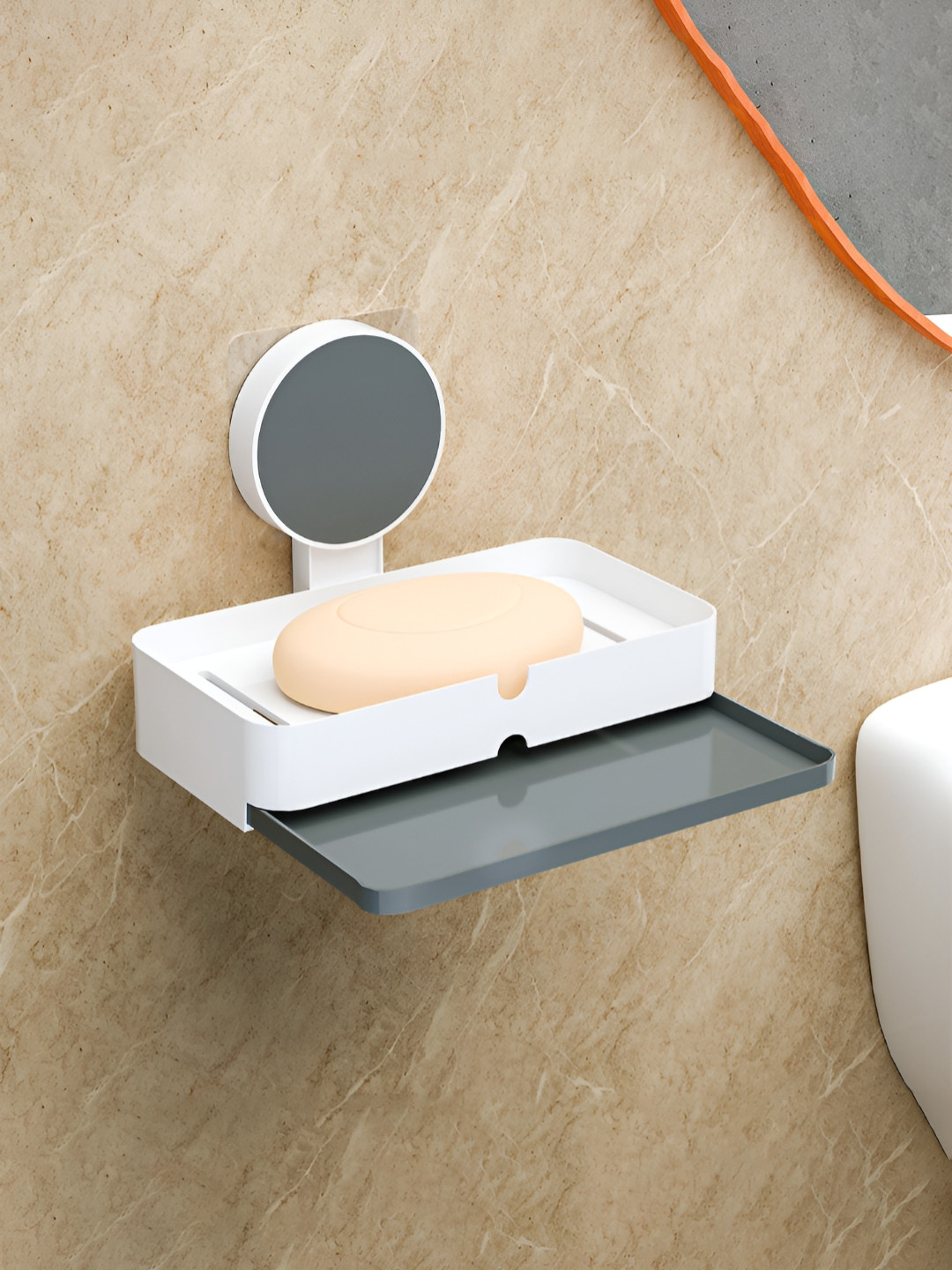 Aura White & Grey Self-Adhesive Soap Holder for Bathroom