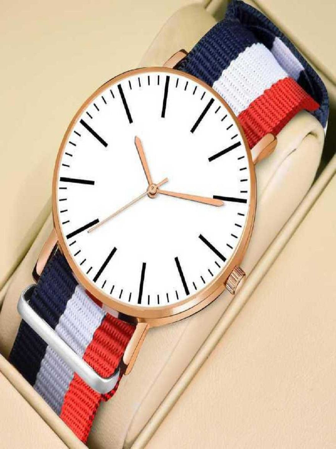 LAKSH Unisex White Stainless Steel Dial With Red & Blue Synthetic Straps Analogue Watch
