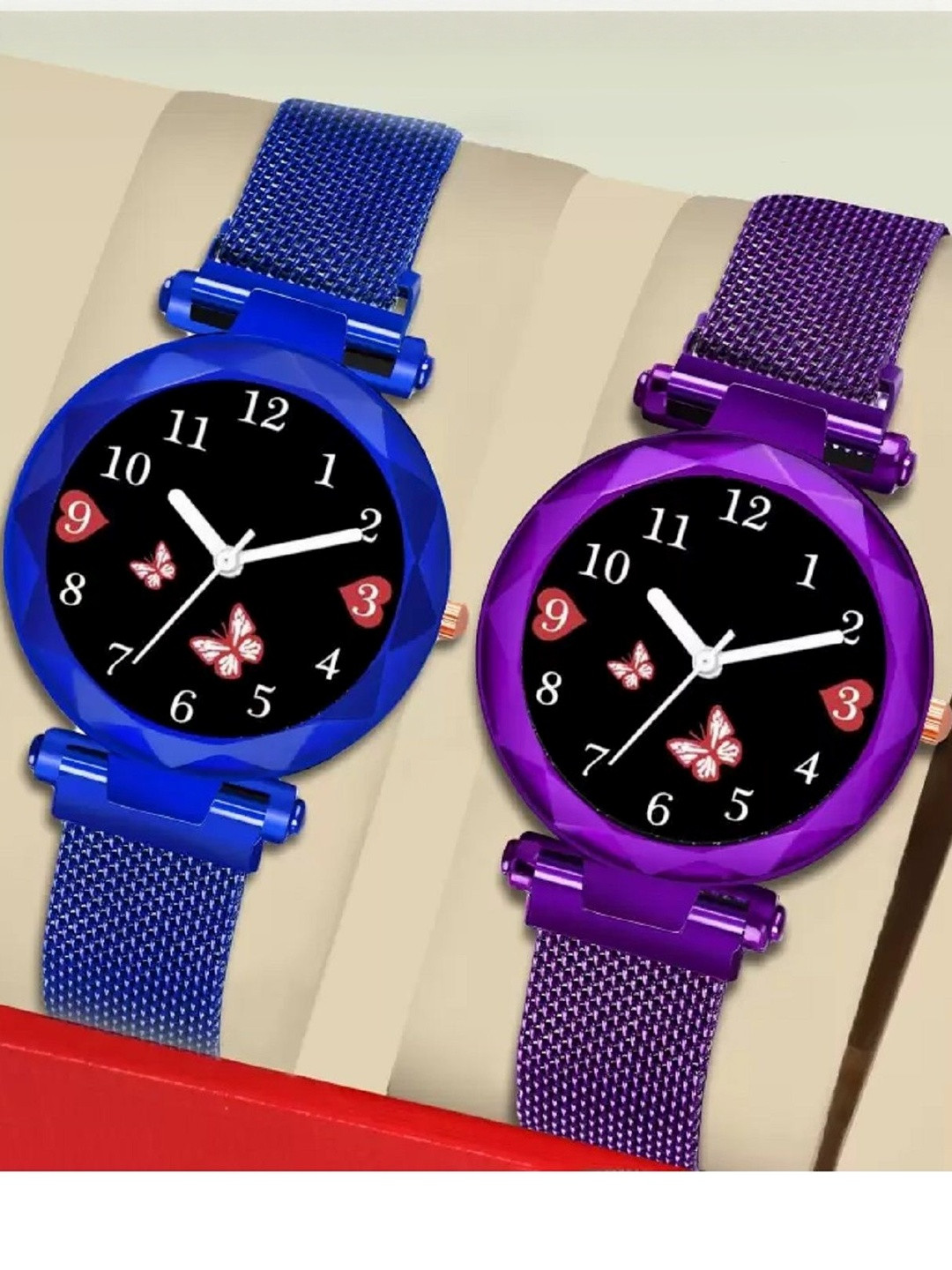 LAKSH Unisex Set of 2 Dial & Leather Straps Analogue Watch Mag Flower Blue+PurpleWS