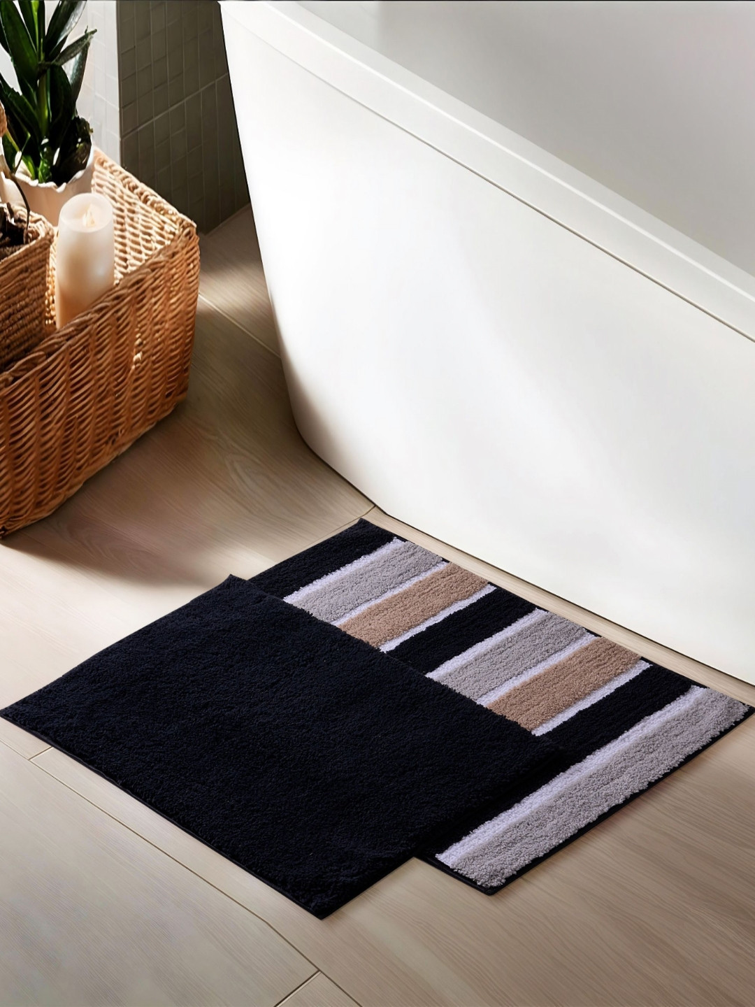 Home Centre Fiesta Prime Black & Grey 2 Pieces 1450 GSM Striped Anti-Slip Bath Rugs