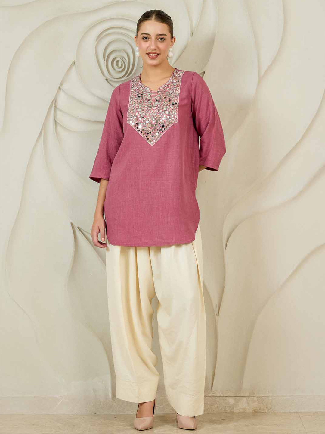 Athena Women Farshi Regular Mirror Work Linen Kurti with Patiala