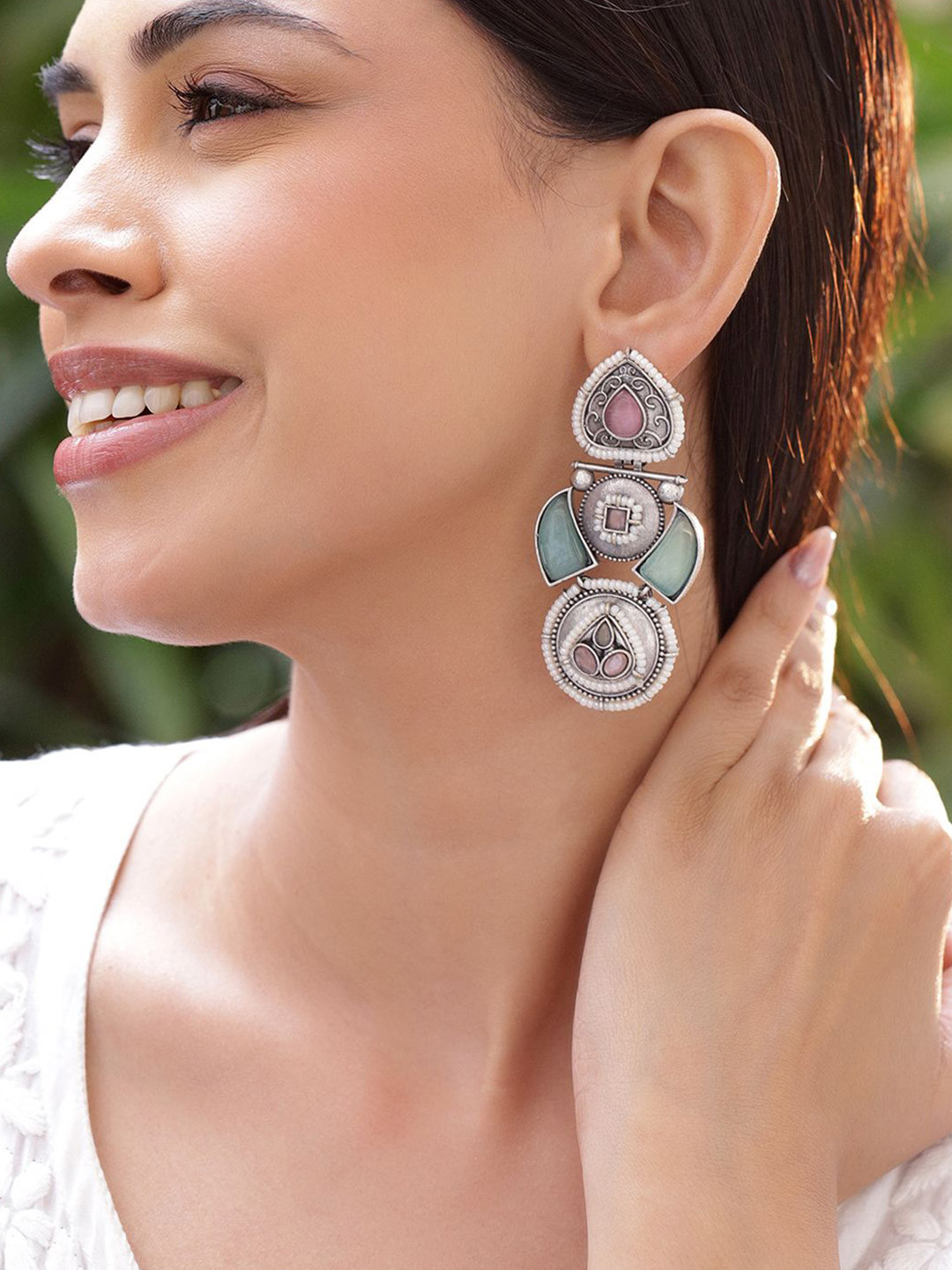 Rubans Rhodium-Plated Oxidised Pastel Pinkand Green Stones & Pearl Beaded Drop Earrings