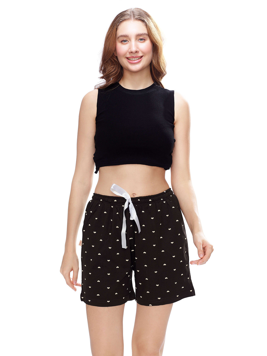 WEET Women Heart Printed Mid-Rise Cotton Lounge Shorts