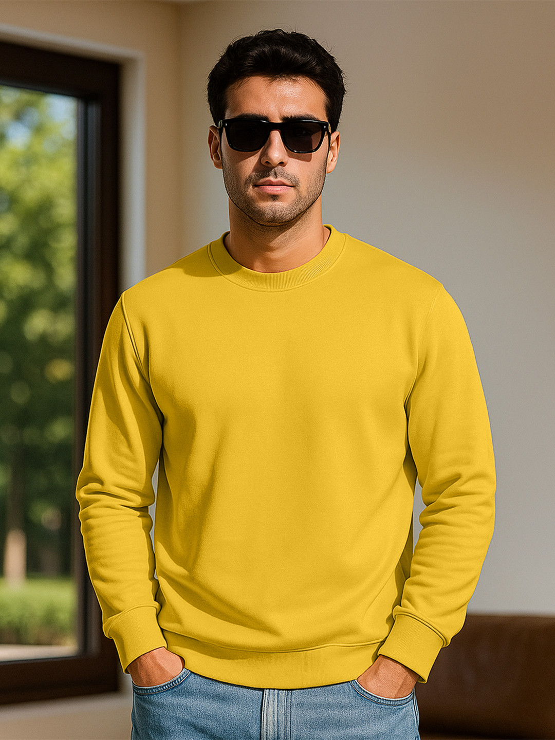 VEIRDO Men Yellow Crew Neck Solid Cotton Fleece Round Neck Oversized Pullover Sweatshirt