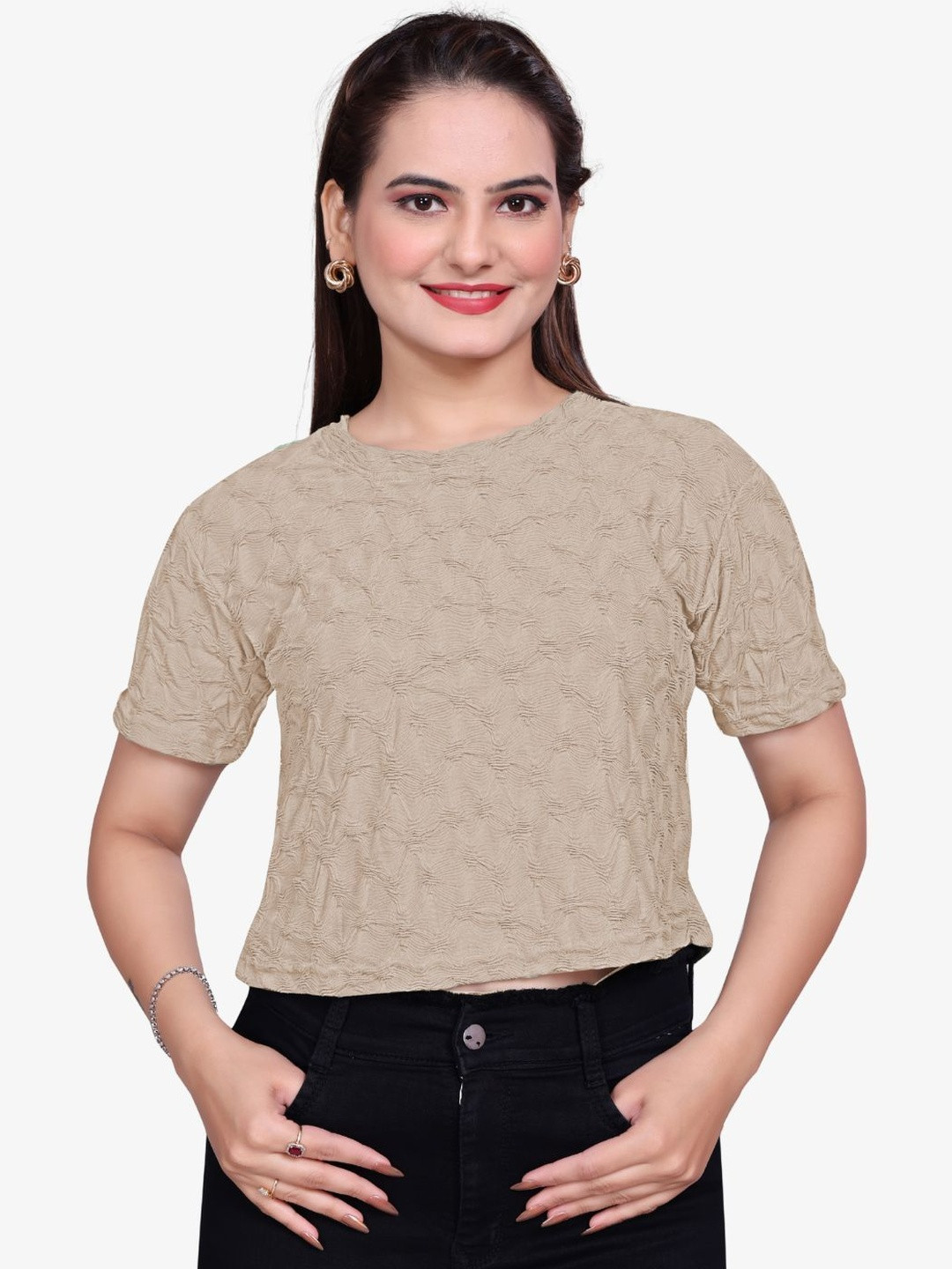 Dorell Women Textured Self Design Round Neck Crop Top