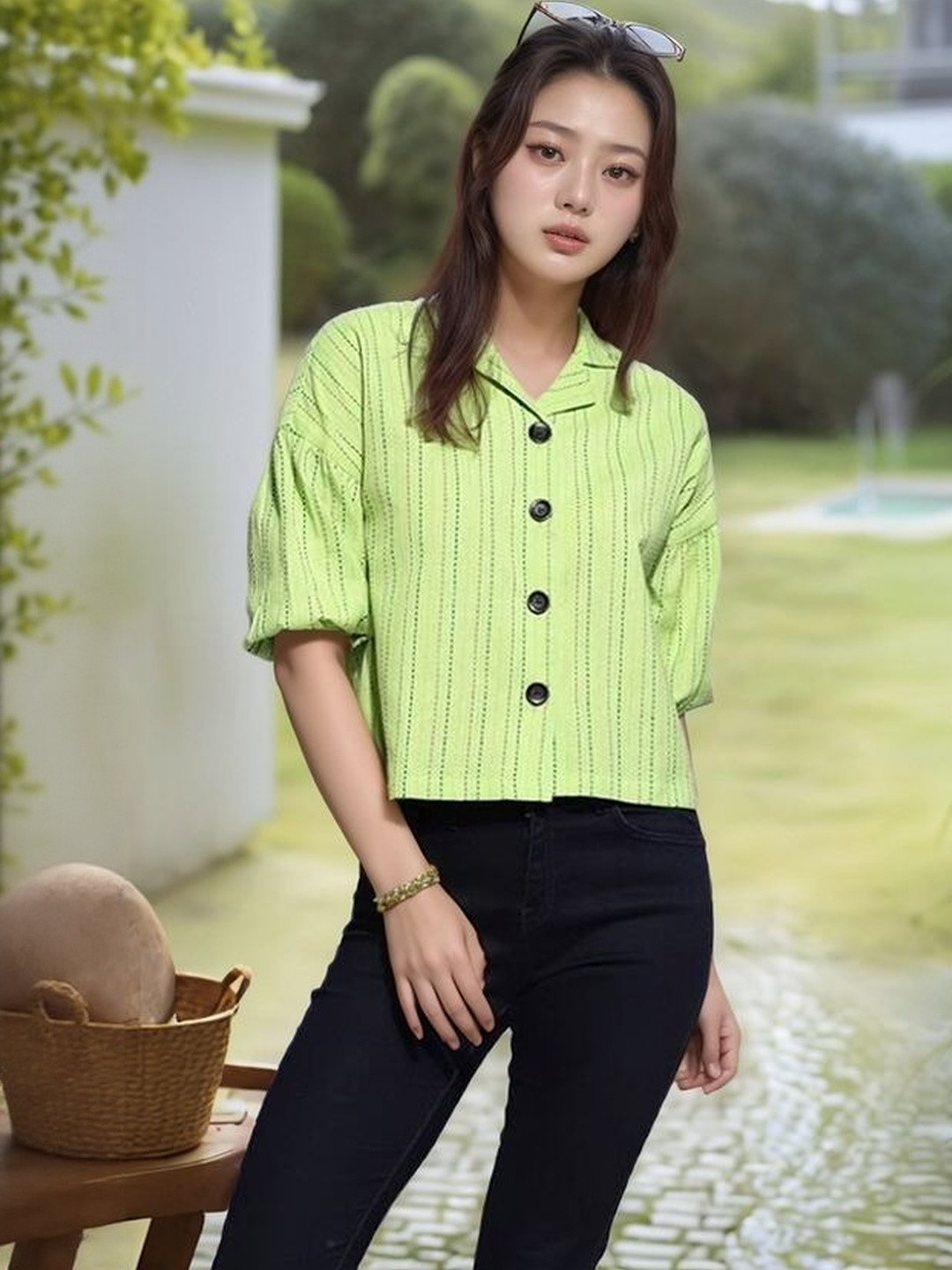 Moda Rapido Women Green Oversized Crop Button Down Collar Striped Cotton Shirt