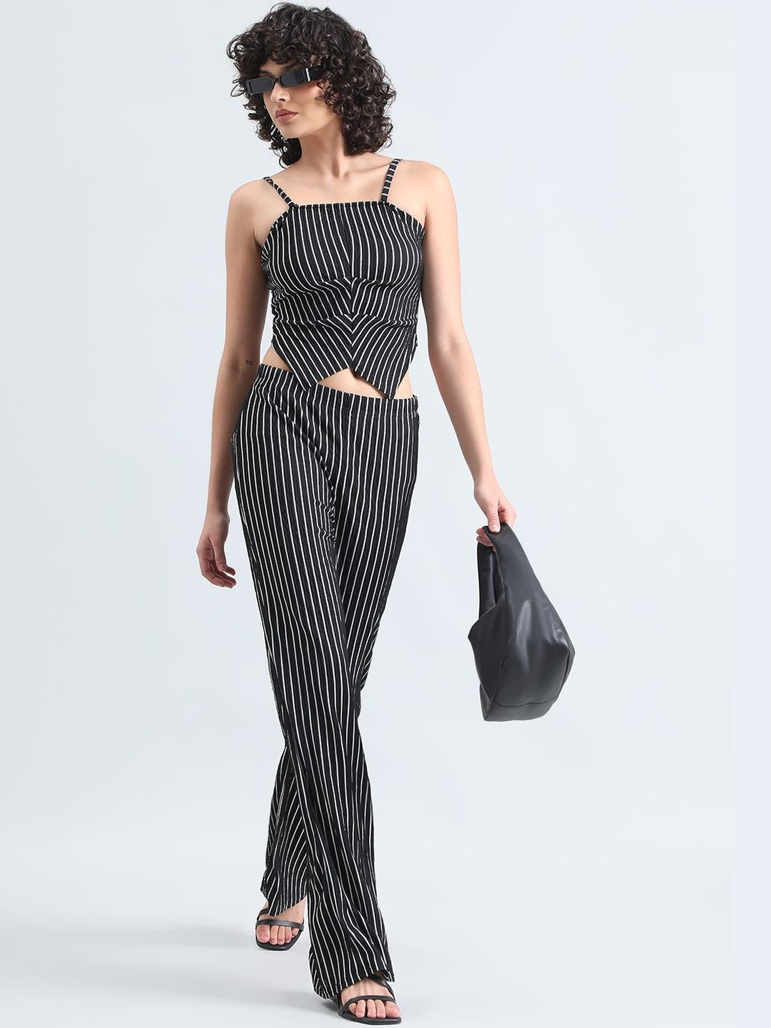 SHOWOFF Women Black & White Vertical Stripes Noughties Spaghetti Nylon Top & Trouser Set