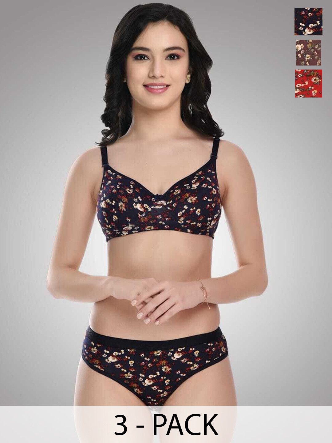Rodley Pack Of 3 Printed Lingerie Set C3-blackFlower