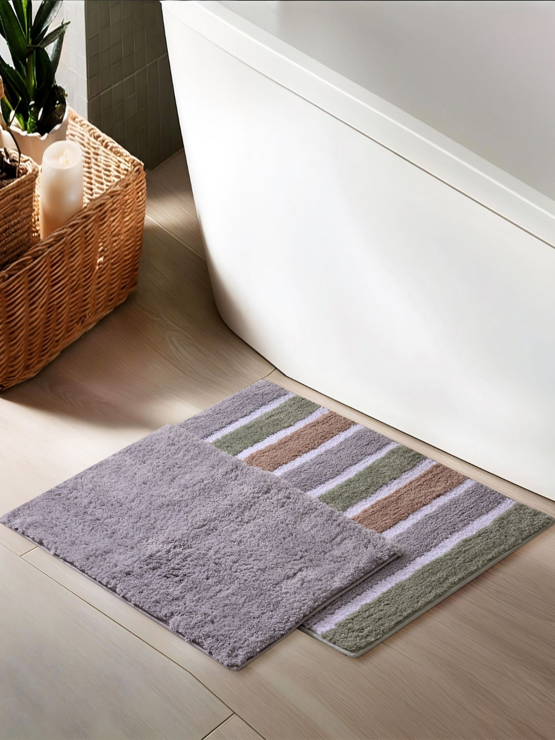 Home Centre Fiesta Prime Grey & White 2 Pieces 1450-GSM Striped Anti-Slip Bath Rugs