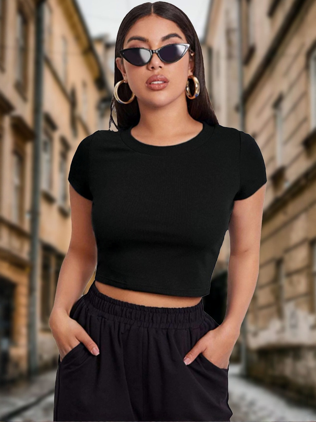 SSTAIR Ribbed Short Sleeves Round Neck Fitted Crop Top