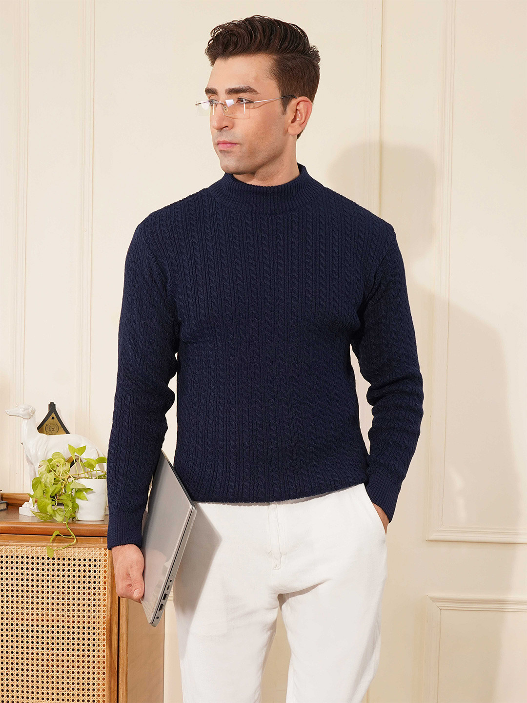 THE BEETEL HOUSE Men Geometric Self Design High Neck Pullover