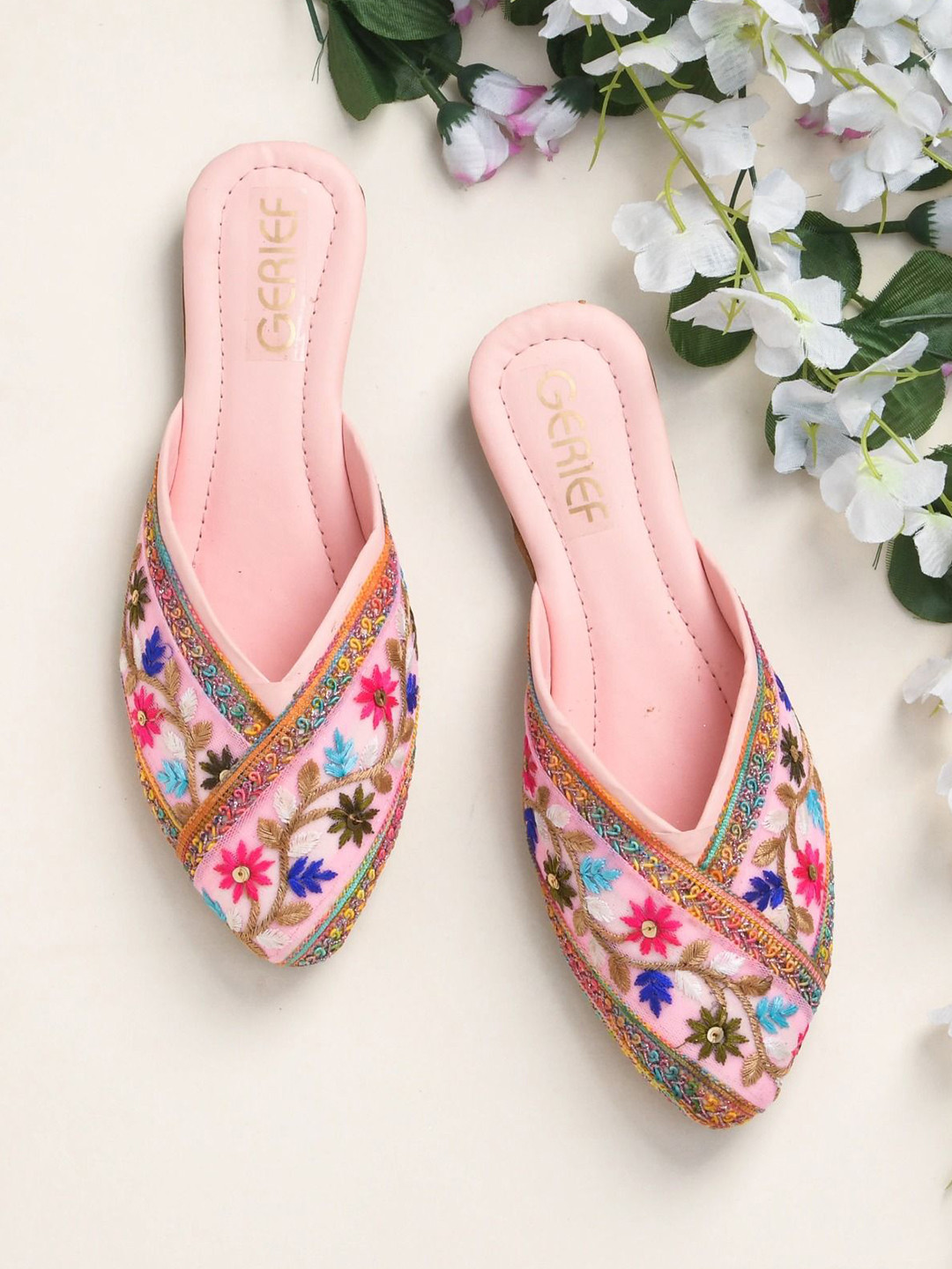 GERIEF Women Embroidered Pointed Toe Mules