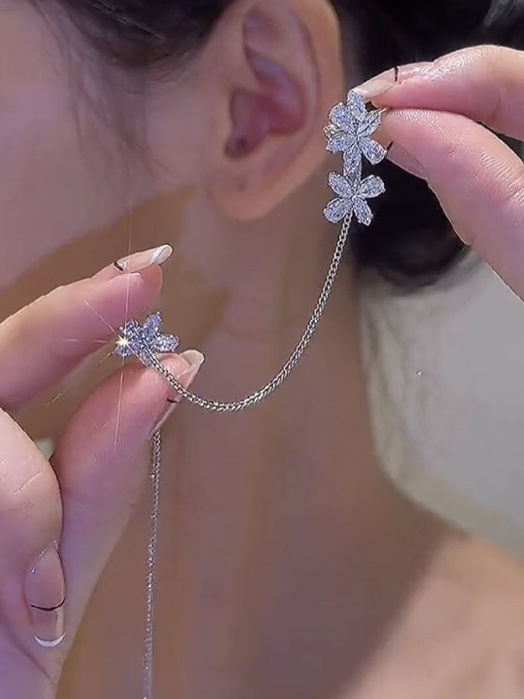 Zaphariq Silver-Plated Cubic Zirconia Studded Floral Korean Ear Cuff