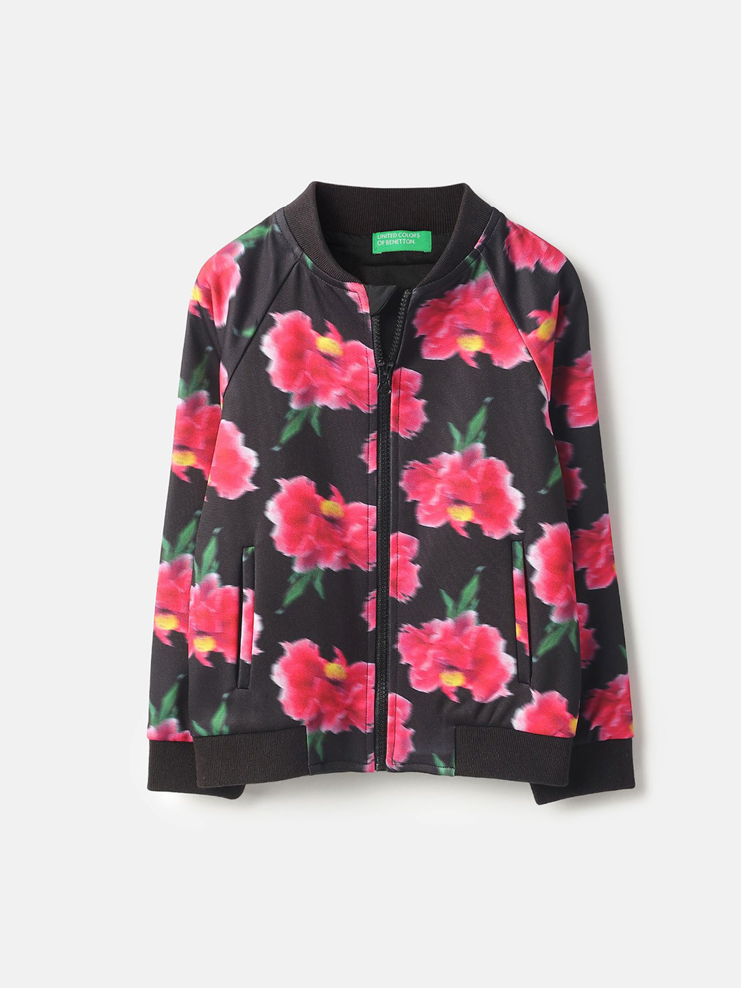 United Colors of Benetton Girls Floral Printed Band Collar Lightweight Bomber Jacket