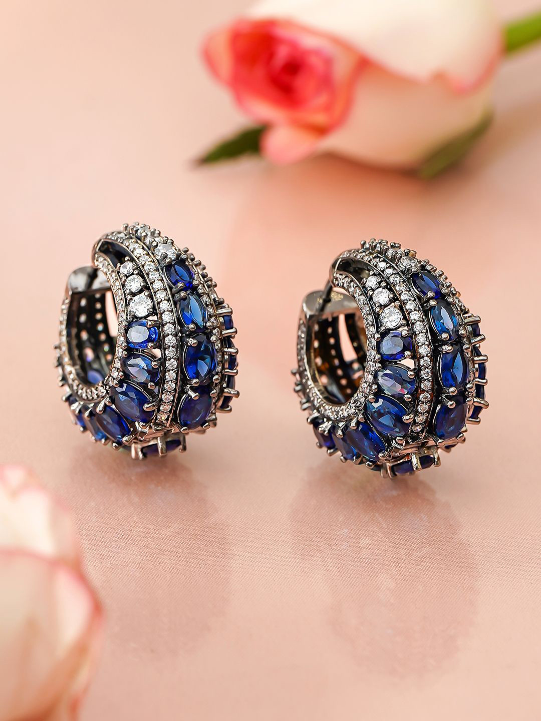 Rubans Rhodium-Plated Black-Toned Blue AD & AAA Cubic Zirconia Luxe Statement Hoop Earring