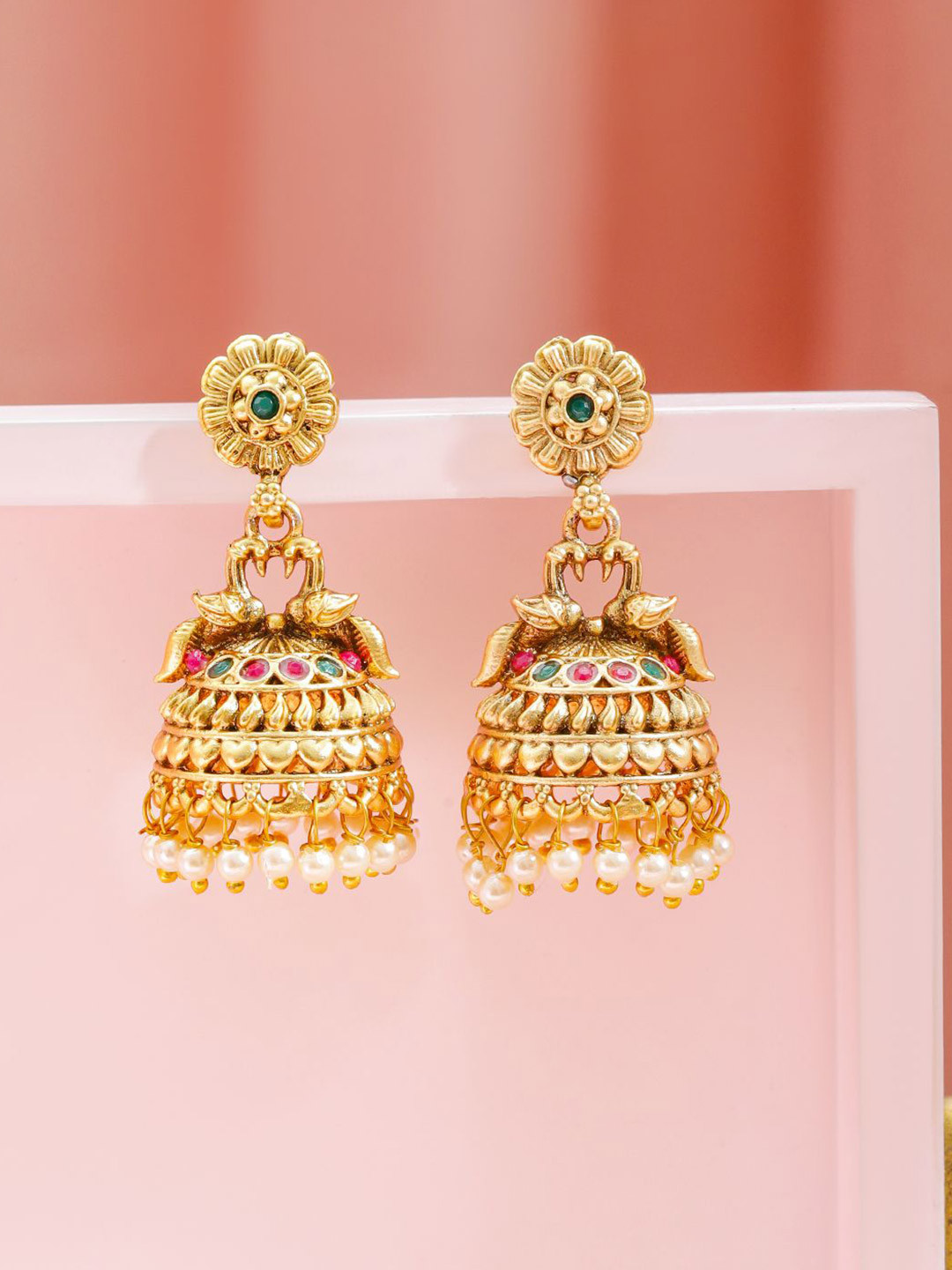 Rubans 18K Gold-Plated Ruby Pink & Emerald Green Stones and Pearl Beads Jhumka Earrings
