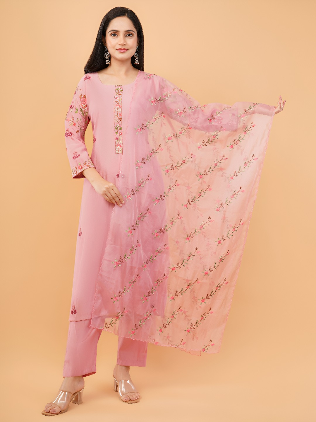 Purpple Infinity Floral Embroidered Thread Work Pure Cotton Kurta With Trousers & Dupatta