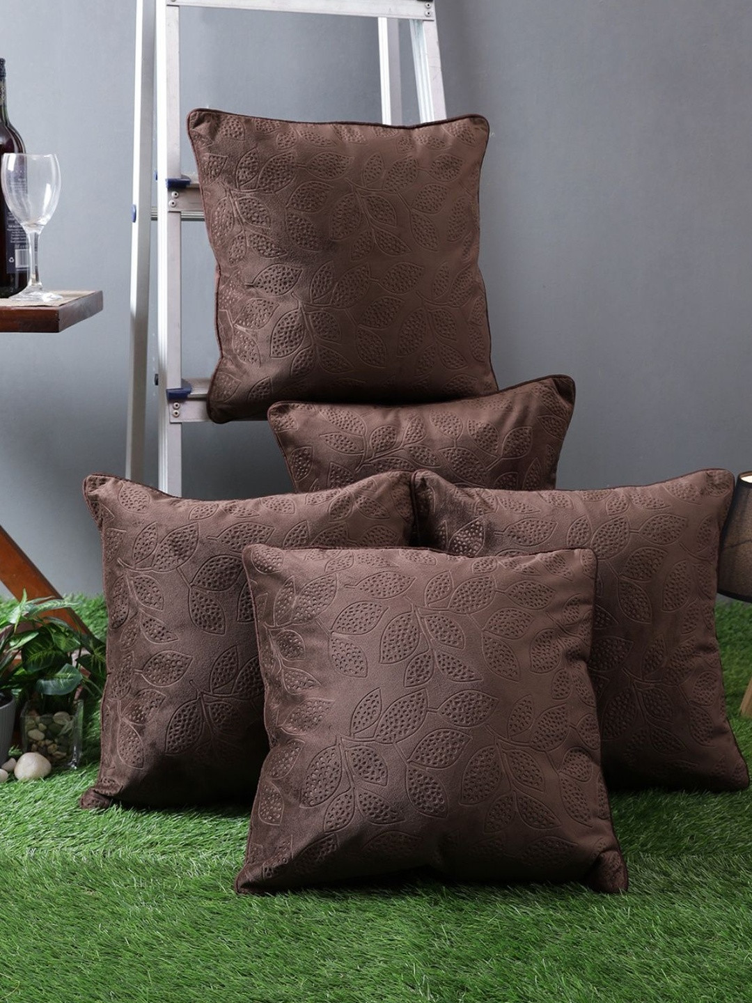Myntra Elegant Homes  Set of 5 Brown Floral Self Design Square Cushion Covers