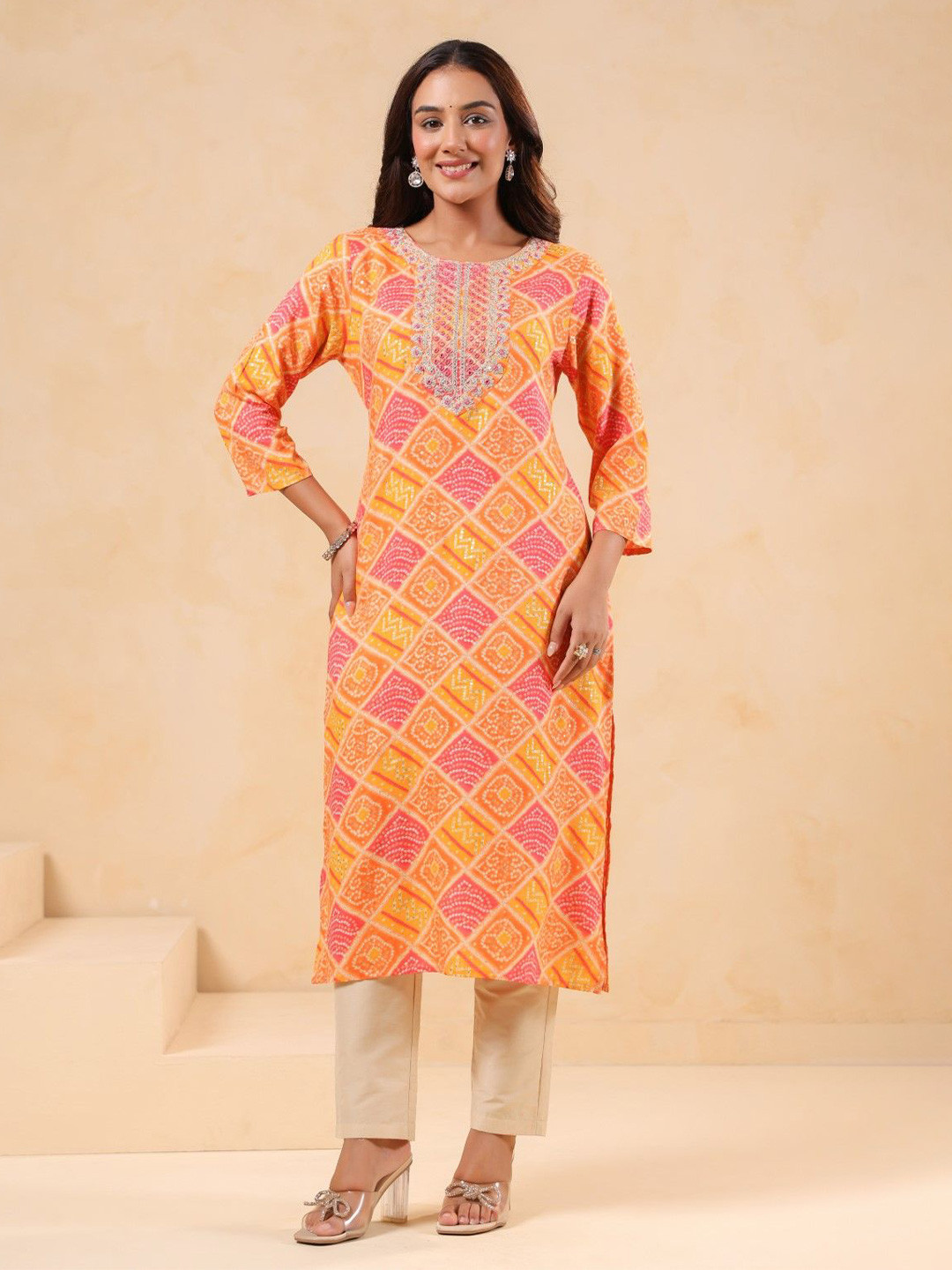 AUTUMN LANE Varisha Bandhani Printed Round Neck Pure Cotton Straight Kurta