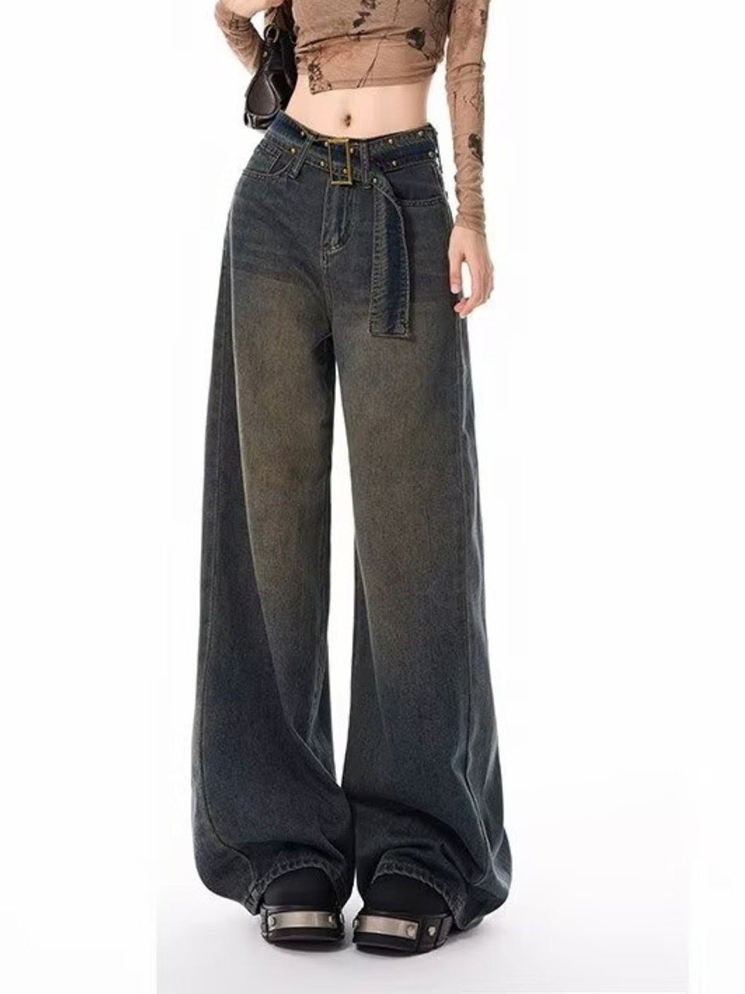 StyleCast Women Wide Leg Mid-Rise Dark Fade Cotton Jeans