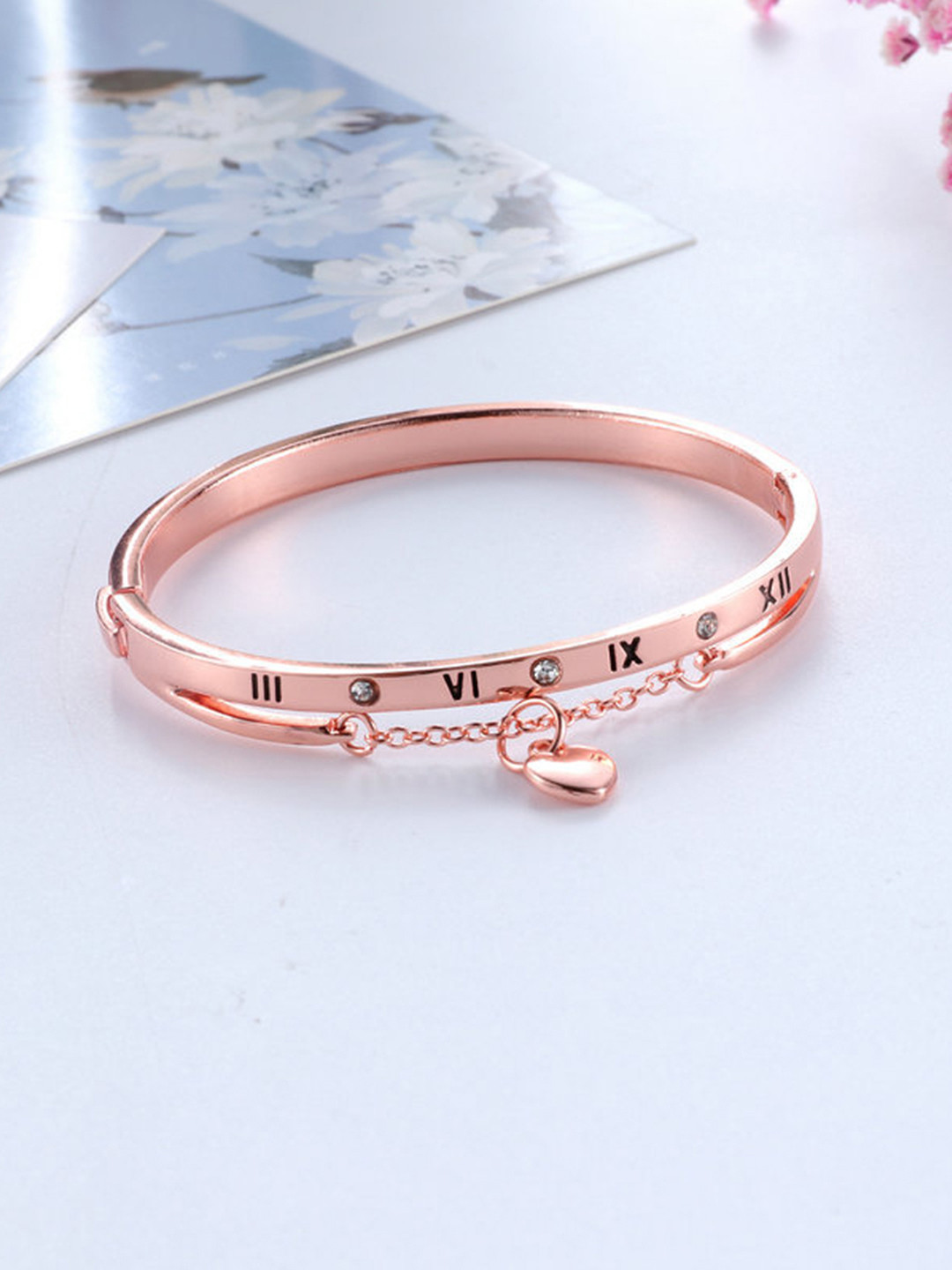 DressBerry Women Roman Numerals Heart Pendant Charm Bangle Bracelet