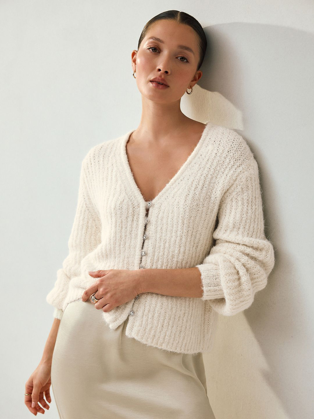 NEXT Self-Striped Fuzzy Cardigan with Embellished Detail