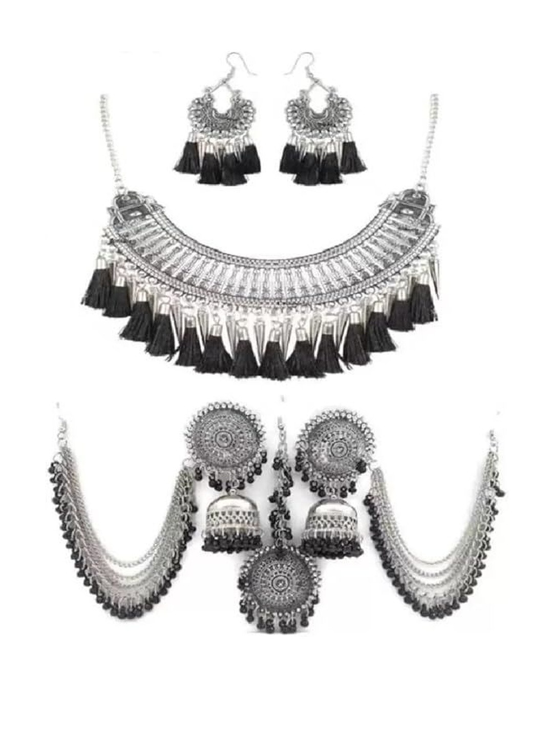 Jaldeep Fashion Beaded Oxidised Choker Necklace And Earrings With Maang Tika